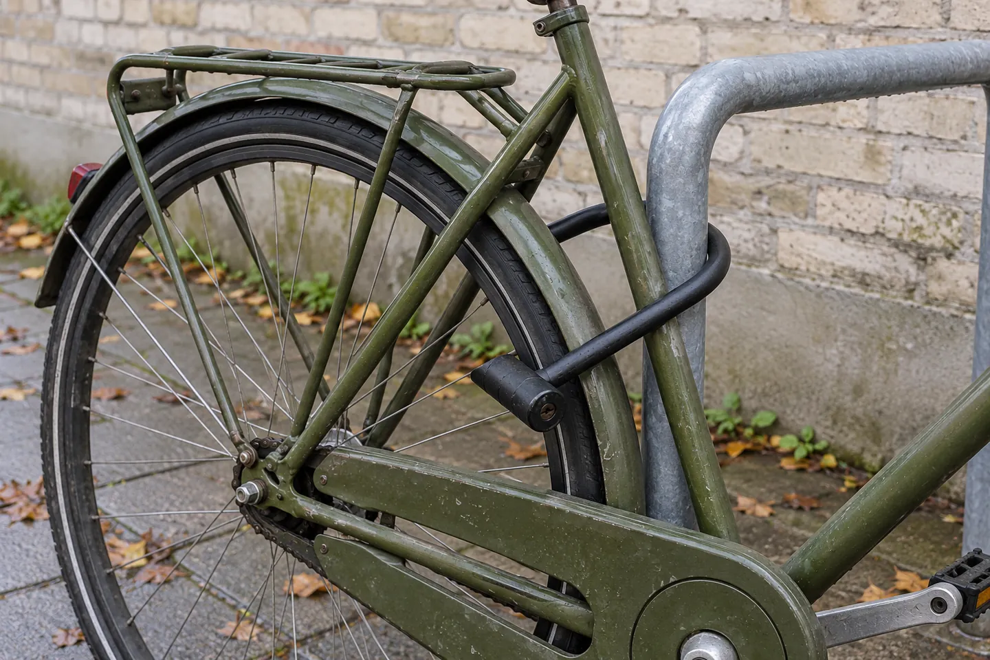 Grøn citybike låst fast til et cykelstativ med en bøjlelås