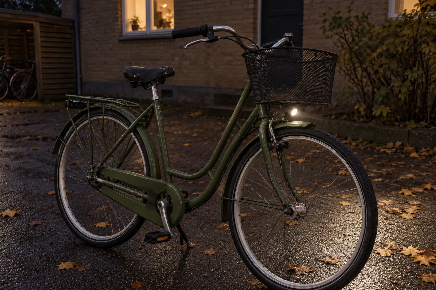 Grøn brugt citybike med tændt forlygte i en gård om aftenen